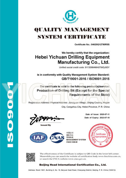 中国 Hebei Yichuan Drilling Equipment Manufacturing Co., Ltd 認証